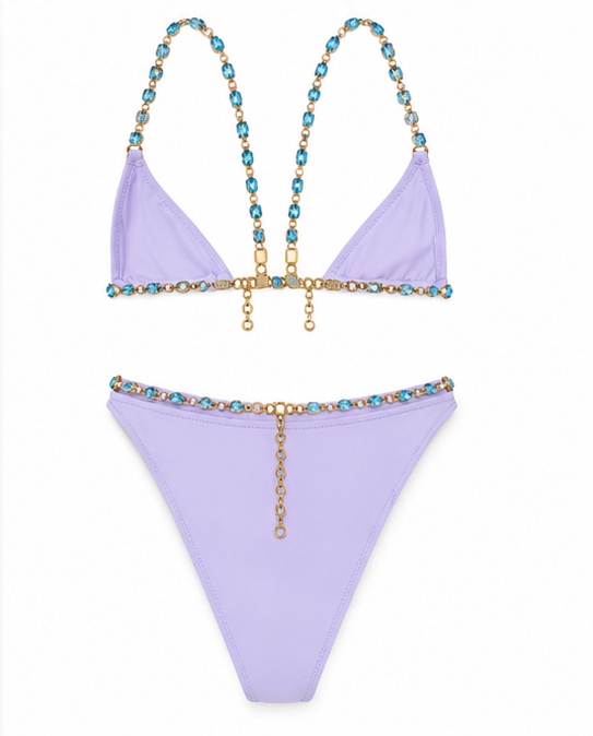 Bikini GCDS Lilla con Catene Gioiello Azzurre e Logo Dorato