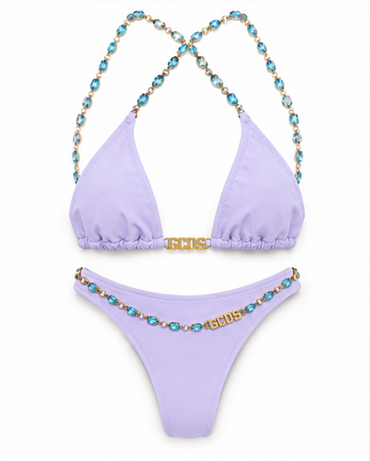 Bikini GCDS Lilla con Catene Gioiello Azzurre e Logo Dorato