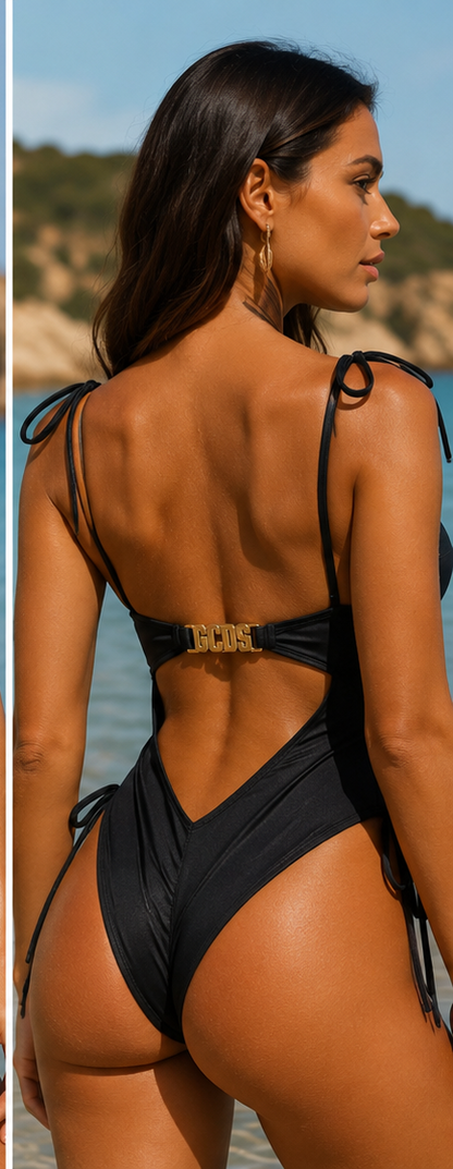 Costume Intero GCDS Nero con Coppe Strutturate e Logo Gioiello Oro