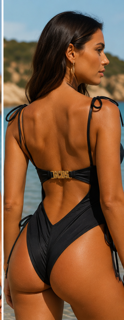 Costume Intero GCDS Nero con Coppe Strutturate e Logo Gioiello Oro