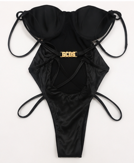 Costume Intero GCDS Nero con Coppe Strutturate e Logo Gioiello Oro