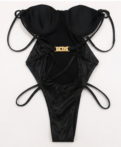 Costume Intero GCDS Nero con Coppe Strutturate e Logo Gioiello Oro